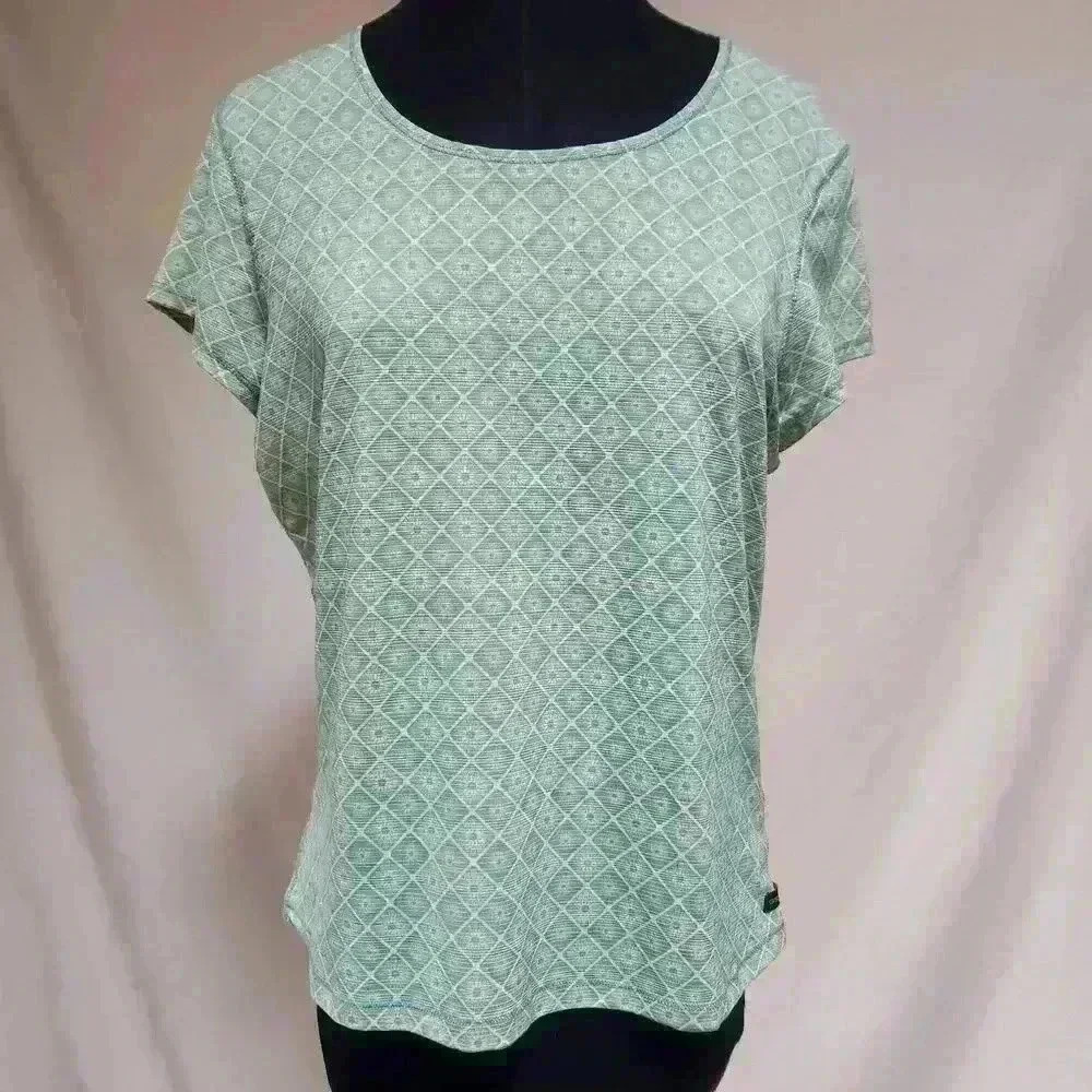 GSX Medium Woman's Tee Green/Blue/Yellow‎ Geometric Print Active Wear Scoop Neck